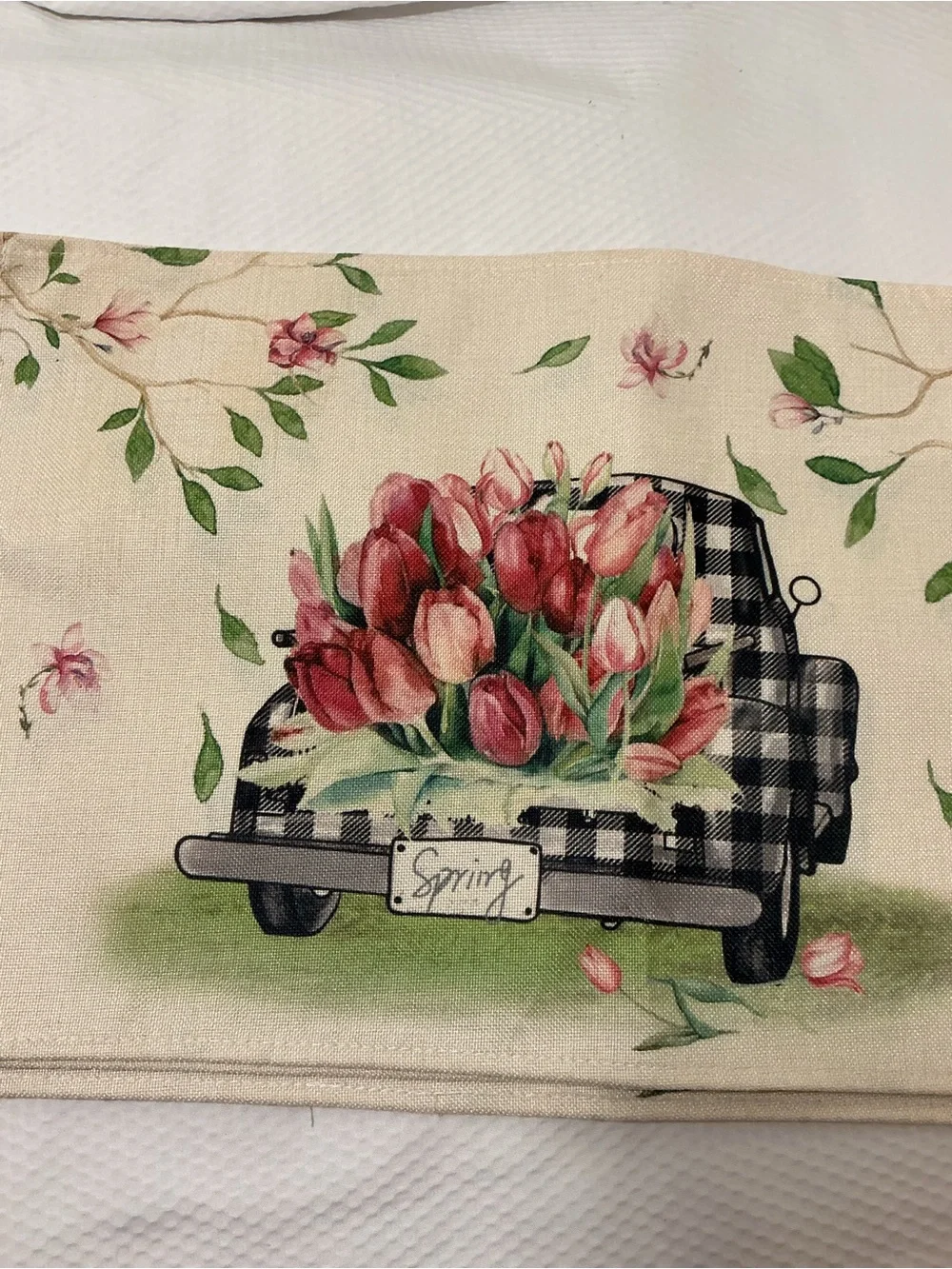 Spring Tulip Truck Decorative Kitchen Towel - Cream